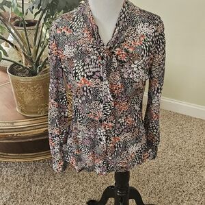 Optimum Black Mixed Floral Sheer Botton-down Blouse with Tie Bow